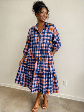 🌿 Maeve Anthropologie The Bettina Tiered Shirt Dress Geometric Plaid Midi Dress